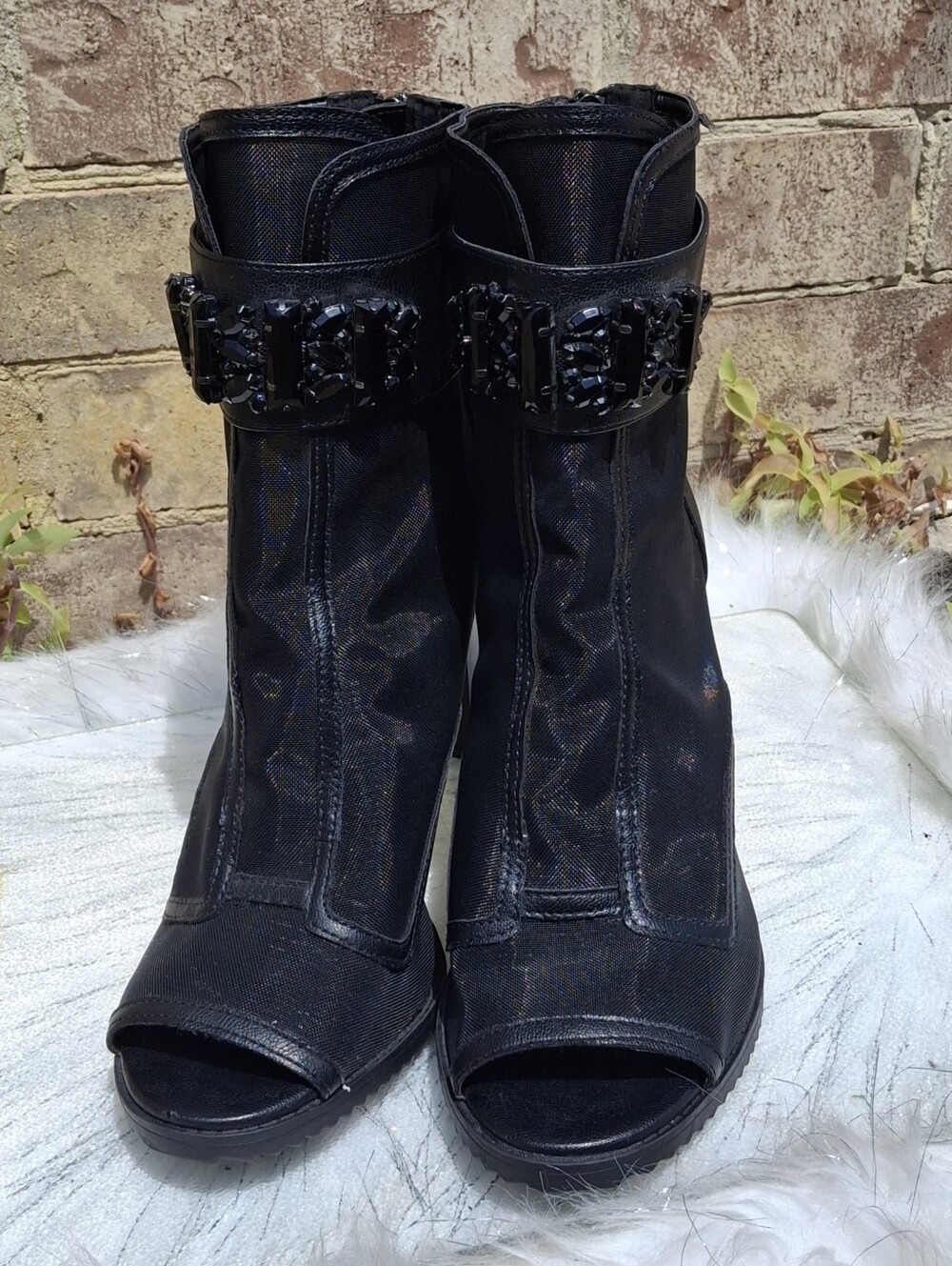 Karl Lagerfeld Black Sheer Mesh Jeweled Peep-Toe Stiletto Shoes Women Size 11 - Picture 14 of 16